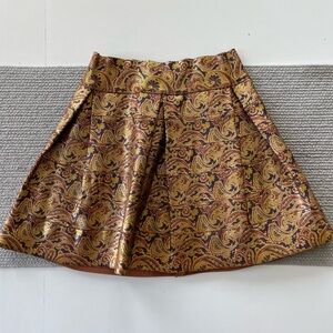 Dance & Marvel Gold Navy Blue Paisley Structured Pleated Mini Skirt Size Small